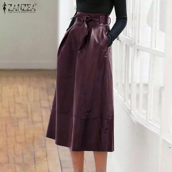 

skirts 2021 summer solid pu leather zanzea fashion long women zipper high waist belt work ol vestidos female robe jupe, Black