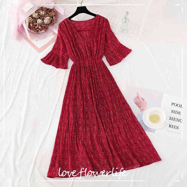 

elegant v-neck floral printed women dress summer flare sleeve a-line midi dress vintage red pleated chiffon dress vestidos 210521, Black;gray