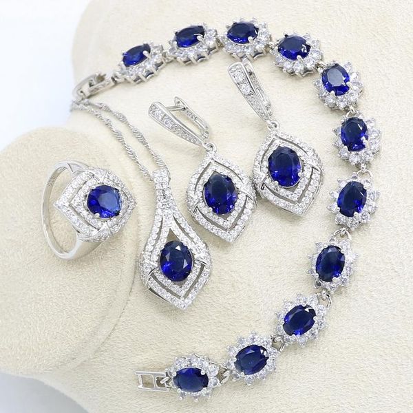 

wedding jewelry sets classic blue 925 sterling silver stones bridal earrings for women costume bracelet necklace rings set gifts box, Slivery;golden