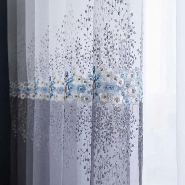 

floral embroidered sheer curtains botanical elegant grey blue leaves white american country style gradient patio drapes curtain &