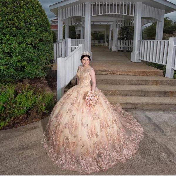 

2021 luxurious blush pink champagne quinceanera ball gown dresses 3d floral lace appliques crystal sweep train hollow back plus size party p, Blue;red