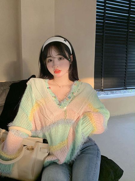 

sweater autumn loose color matching v-neck off sequin long sleeve sweater top, White;black
