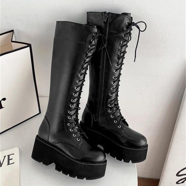 

boots 2021 winter knight waterproof platform thick bottom heel lace up slope high tube, Black