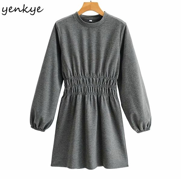 

vintage solid color winter dress women o neck lantern sleeve elastic waist a-line mini casual plus size vestido 210514, Black;gray