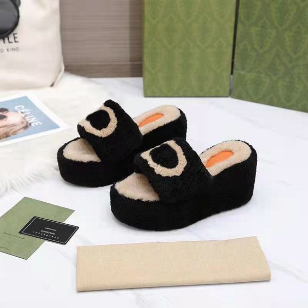 

fashion ladies interlocking slipper sandals women platform lamb wool slippers luxury brand woman letter embroidery fur slides snadal with bo, Black