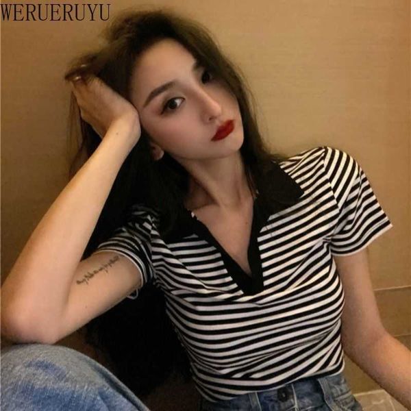 

summer korean loose ins black and white stripes short short-sleeved t-shirt women's shirt students bottoming shirt 210608
