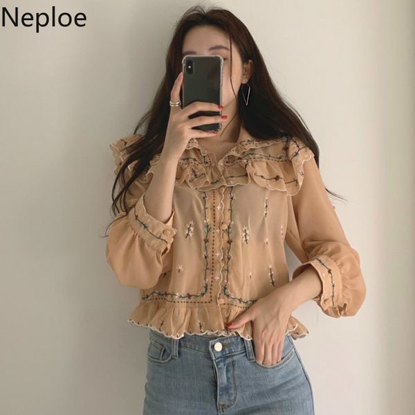 

women's blouses & shirts neploe heavy embroidery floral chiffon blouse turn down collar korean women shirt vintage ruffle patch long sl, White