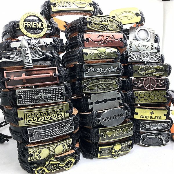 

wholesale lots bulk 50pcs genuine cuff leather bracelet men women mosaic copper alloy mix styles fashion handmade jewelry, Golden;silver