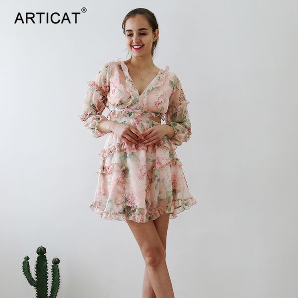 

summer chiffon floral ruffle mini dress women long lantern sleeve lace up hollow out dresses ladies v-neck beach dresshigh quality, Black;gray