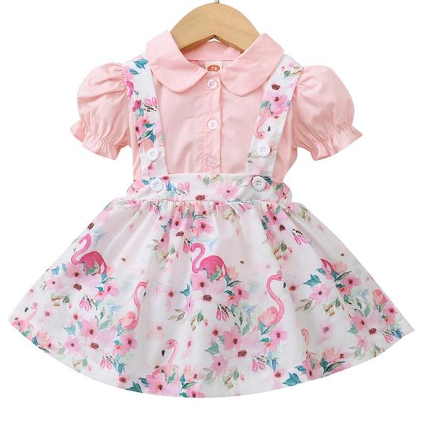 

clothing sets born infant baby girls puff short sleeve blouse floral print suspenders skirt 2pcs summer outfits gifts d30, White