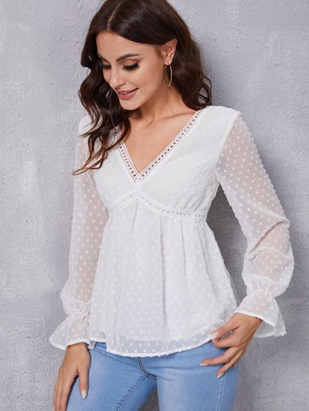 

swiss dot lantern sleeve guipure lace insert chiffon blouse y5a5#, White