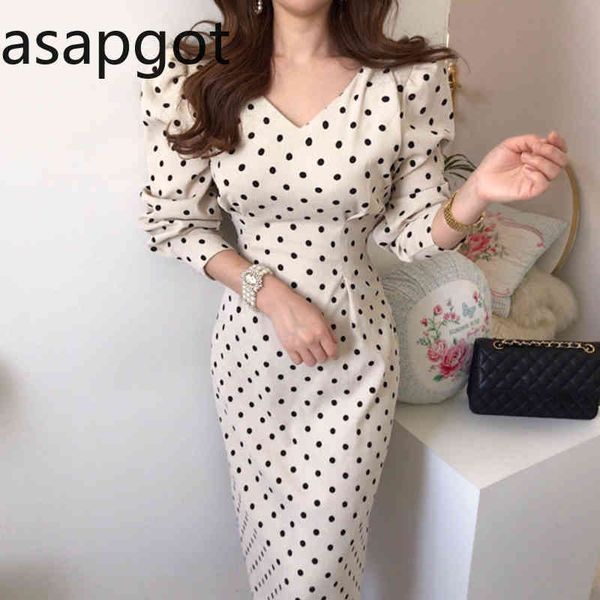 

korean chic french elegant polka dot v-neck lace up bow tie slim bag hip corduroy dress puff long sleeve spring vintage bandage 210429, Black;gray