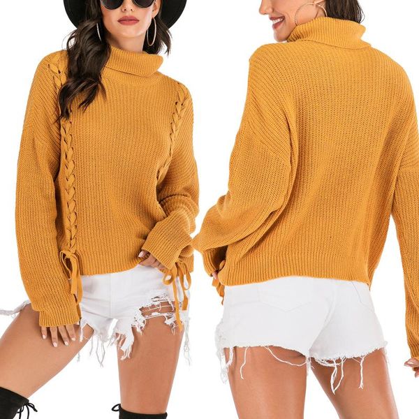 

women's sweaters autumn solid color sweater adults long sleeve high neck knitwear front strap tie-up bandage wild casual warm stretch p, White;black