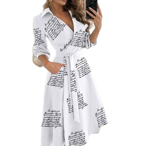 

casual dresses autumn fashion women 2021 v neck printed tie waist pocket wrap female office lady clothing long, Black;gray