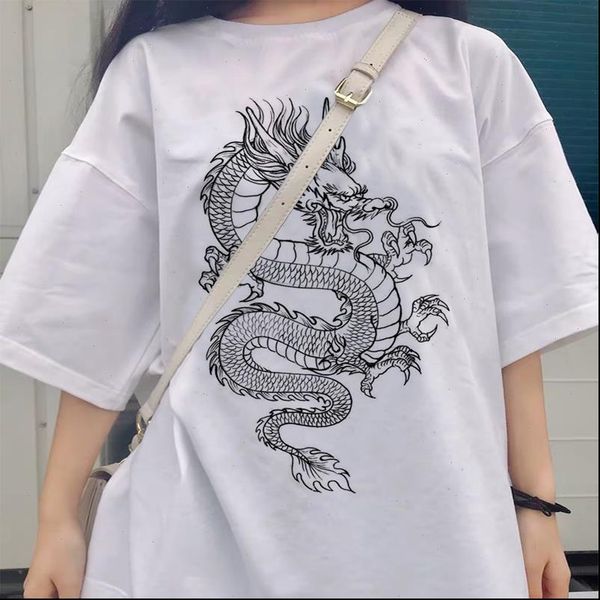 

summer women t shirts hip hop korean casual harajuku cute kpop streetwear punk vintage dragon print vegan tee top, White