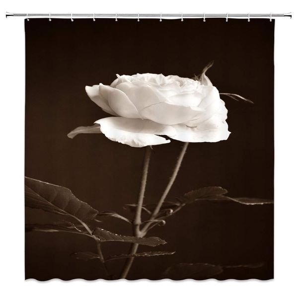 

rose shower curtain blooming white rose flower gray leaves rural plant vintage black bathroom decor set quick drying polyester