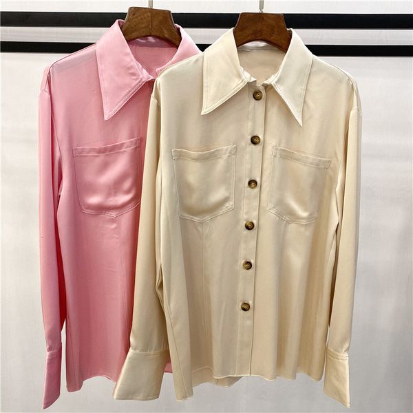 

suit early autumn women's long sleeve blouse turn-down collar buttons double pockets loose office lady shirt, White;black