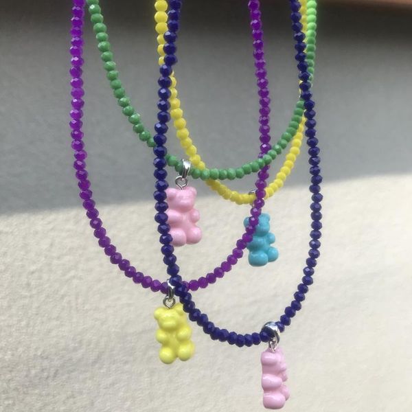 

chokers korea colorful acrylic bear beaded necklace for women cute cartoon rainbow color crystal beads chain party jewelry gift, Golden;silver