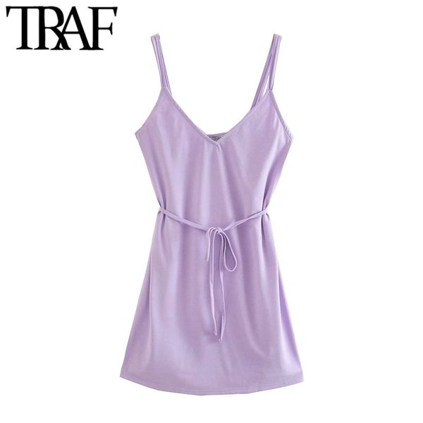 

traf women fashion with belt wrap mini dress vintage v neck backless double thin straps female dresses vestidos mujer 210415, Black;gray