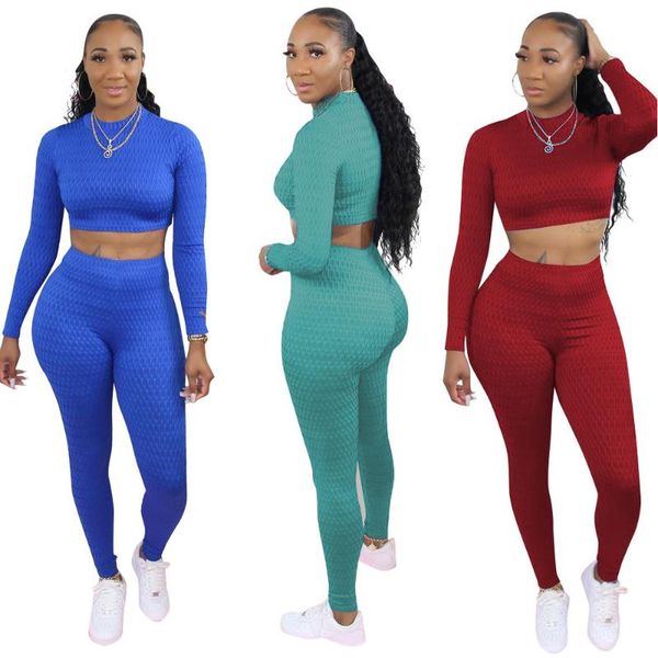 

women's tracksuits casual solid women loungewear matching sets stretchy long sleeve bandage crop and jogger legging sporty workout 2 pi, Gray