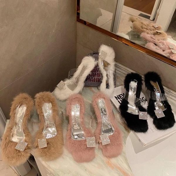 

fashion fur women slippers clip toe solid color slides clear thin high heels casual pumps slip on summer dress shoes size 35-39, Black