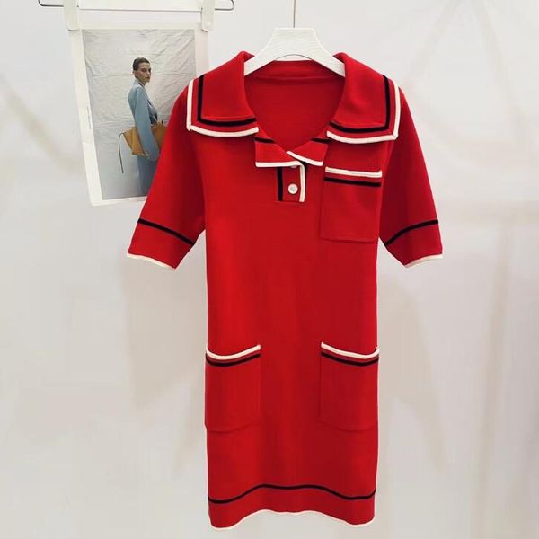 

women 20 dress knitting short sleeve lapel woolen high-quality temperament classic loose lady red a line, Black;gray