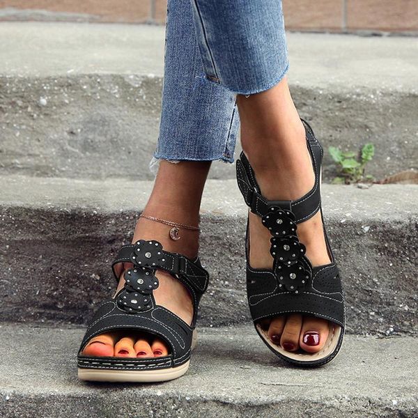 

flower wedges platform women's sandals hook&loop fashion casual comfortable outdoor sunmmer plus size shoes, Black