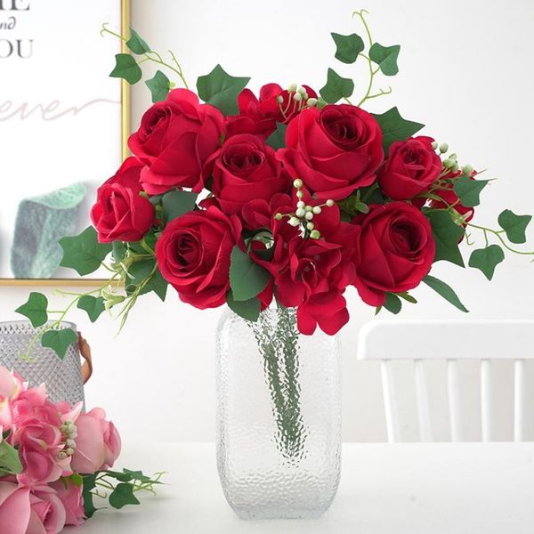 

decorative flowers & wreaths simulation 7-prong bulgarian rose bouquet wedding interior restaurant decoration and arrangement of silk