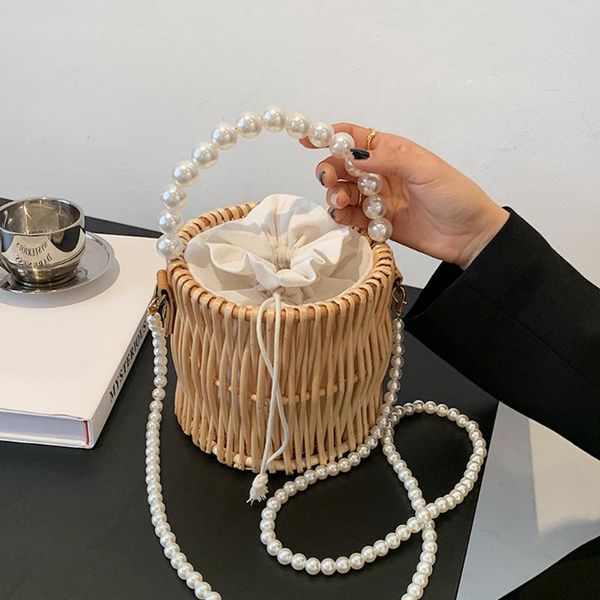 

evening bags fashion women woven messenger bag ladies pearl chain handle basket handbags travel beach bucket crossbody