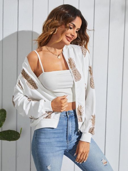 

pineapple print zipper bomber jacket 24bb#, Black;brown