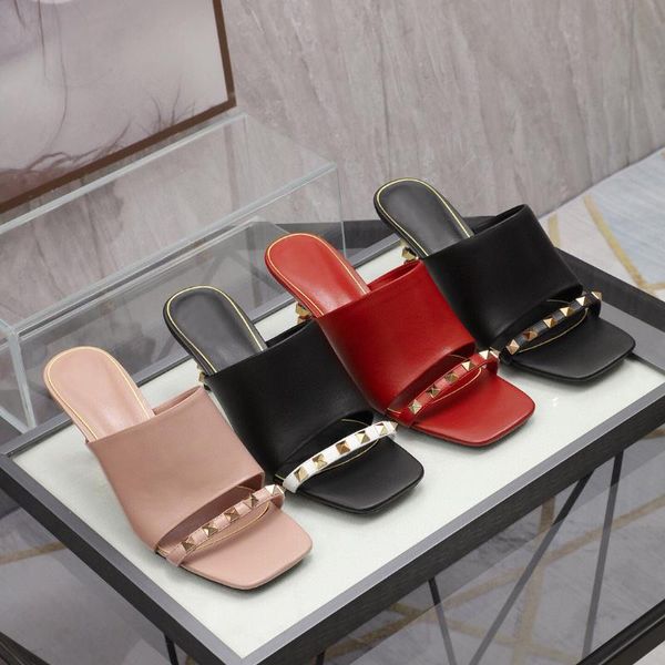 

slippers 2021 summer women's shoes, stiletto heels, flip flops, fashionable high-heeled square head rivet sandals and, Black
