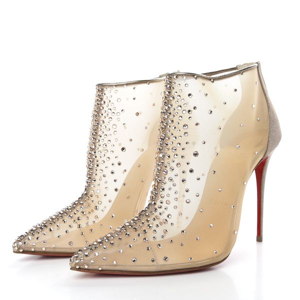 

22s spring lady wedding boots dress shoes womens boot red bottom follies strass nude mesh with silver glitter mini heel women high heels con, Black