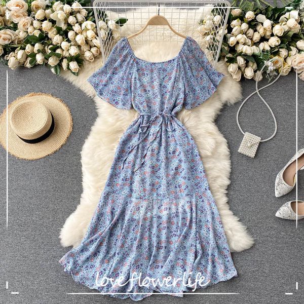 

loveflowerlife korean summer boho print chiffon midi dress sweet floral women square collar flying sleeve ruffle a-line dresses 210521, Black;gray
