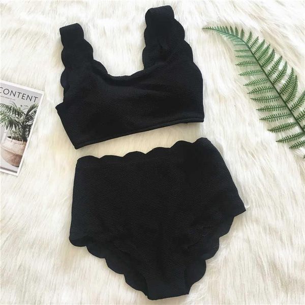 

women's swimwear 2021 women swimsuit scalloped high waist bikini two pieces plus size biquini tankini, White;black