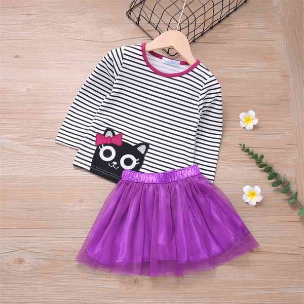 Одежда для девочек Осень детей Милый кот с длинным рукавом + юбка 2 шт. Малыш дети наборы 210528