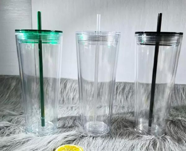 24 Unzen durchsichtige Kunststoffbecher DIY Flachdeckel Acryl-Wasserflaschen mit Strohhalm Doppelwandiger tragbarer Büro-Kaffeebecher Wiederverwendbare 710 ml transparente feste PS-Trinkbecher