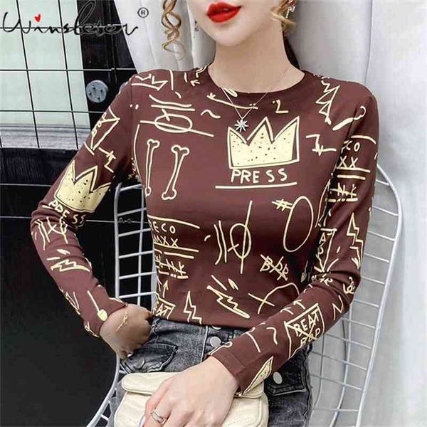 Primavera cair estilo coreano impressão letra t-shirt menina chique sexy desenhos animados graffiti mulheres tops manga longa algodão t11010a 210421