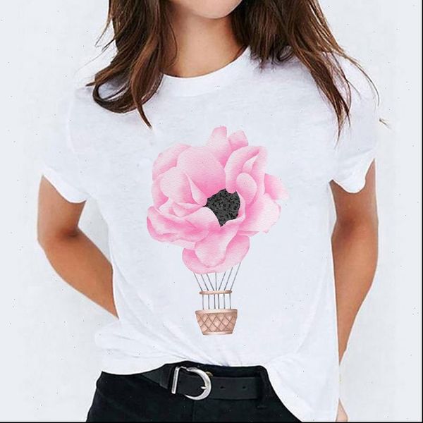 

cartoon flower floral love women t shirt short sleeve print graphic tee, White