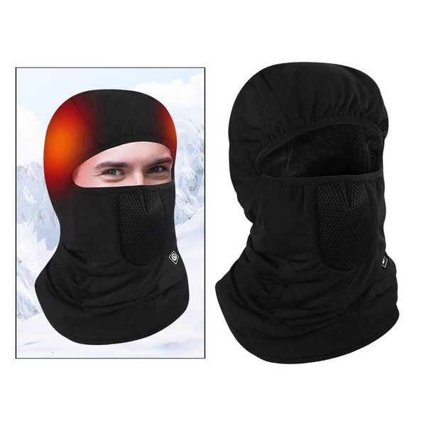 

winter battery heated face ski hat balaclava sports women men full cover thermal control neck warmer cycling caps & masks, Black