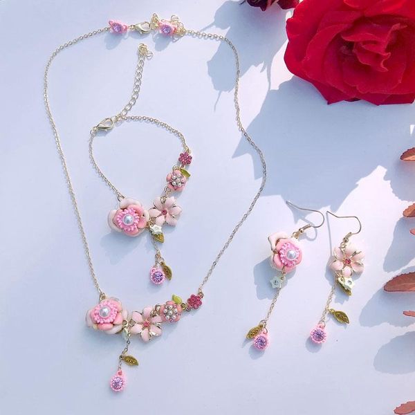 

earrings & necklace fashion pink flowers jewelry sets for women romantic sweet flower pearl earring bracelet bangles, Silver