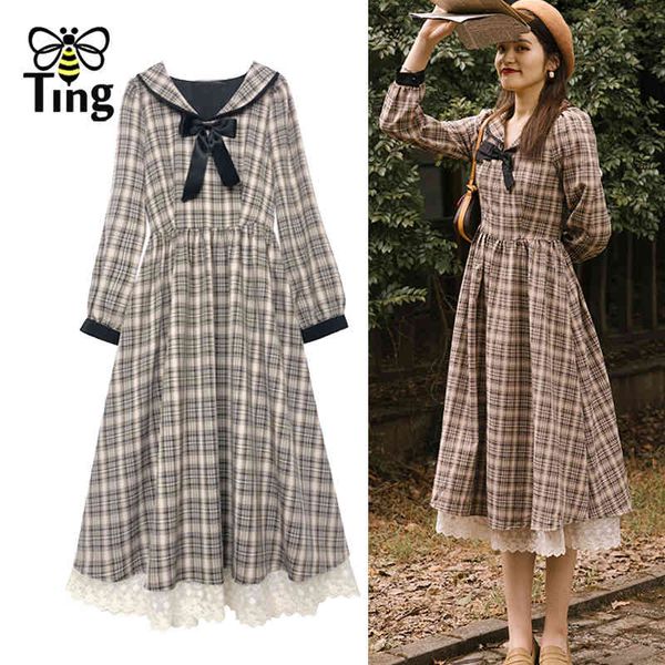 

vintage sailor collar plaid women casual dress lace patchwork a line street chic midi vestidos retro robes spring 210513, Black;gray