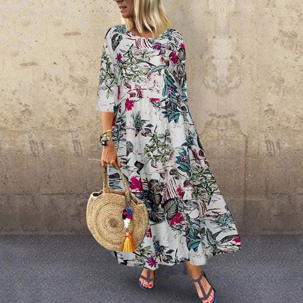 

casual dresses 2021 summer women long tunic dress floral ladies loose vestidos beach party sundress stylish robe femme plus size, Black;gray