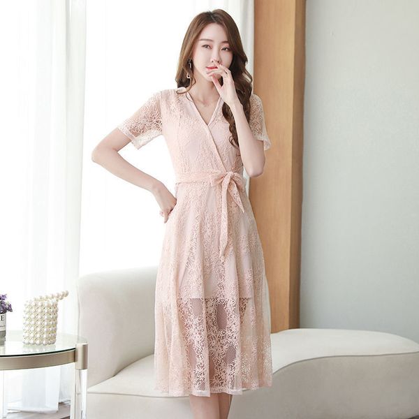 

spring new dress chiffon short in sleeve lace and summer, White;black