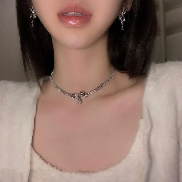 

chokers water drop diamond bow necklace south korea dongdaemun fairy temperament clavicle chain fashion cold wind earrings bracelet, Golden;silver