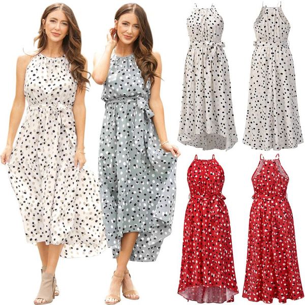 

casual dresses summer women dress dot print strap sleeveless long beach style ol elegant fashion party autumn female vestido belt lace up c2, Black;gray