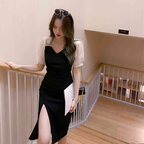 

super short sleeve 2021 summer new french gentle medium length fairy dress, White;black