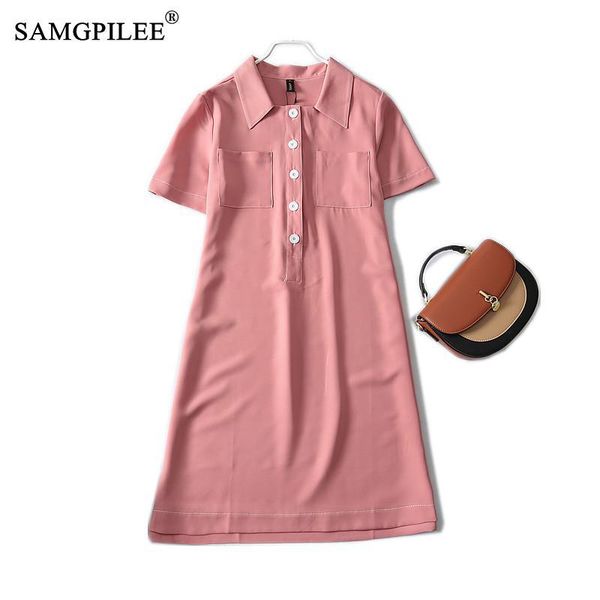 

casual dresses summer women clothing 2021 korean style a-line solid short sleeve pockets knee-length empire collar 4xl, Black;gray