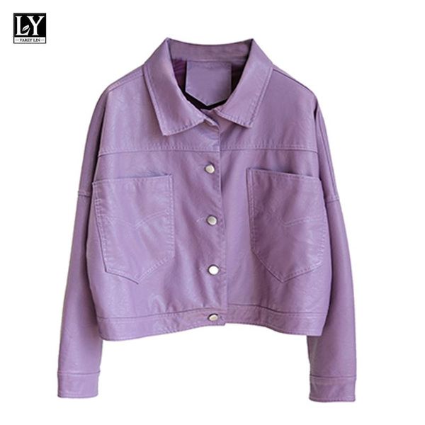 

women's leather & faux ly varey lin spring autumn women single breasted pu black coat lapel short jacket female purple loose casual out