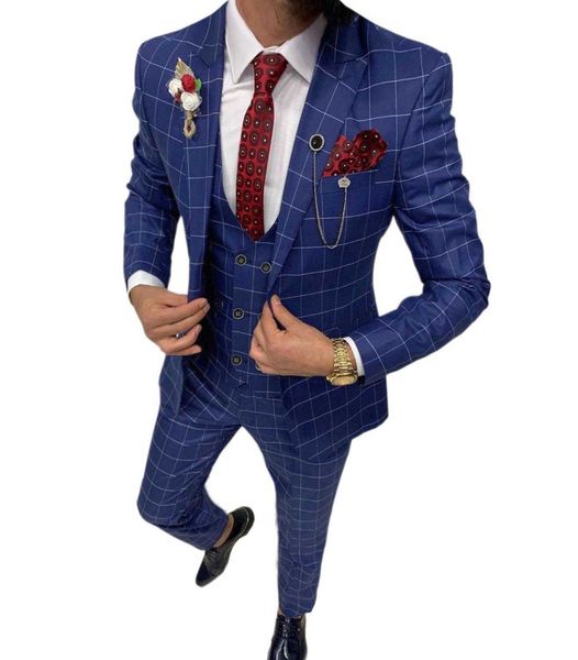 Мужской костюм плед синий 3 шт бежевый мужской тонкий подходящий платье костюм мода плед проверено синий фиолетовый для свадьбы (куртка + брюки + жилет) x0608