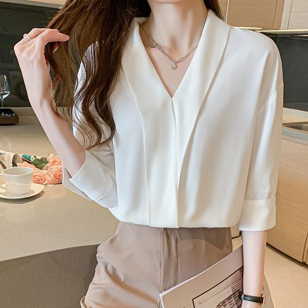 

women's blouses & shirts ol style formal black women plus size v-neck chiffon female elegant half sleeve fashion white blouse